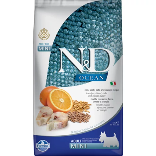 N&D Dog Ocean tőkehal, tönköly, zab&narancs adult mini 2,5kg